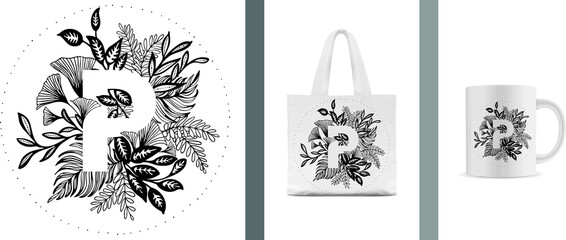 Vector Hand Drawn Floral Uppercase Monogram Letter P. Flowered Design Elements. Brand Identity and Mockup