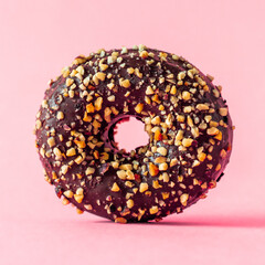  Chocolate donut with almonds on pink background.