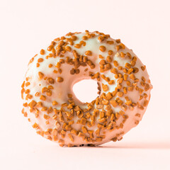 White chocolate donut with almonds on white background.