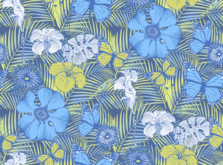 Fantastic flowers and butterflies. Seamless pattern. Vector illustration. Suitable for fabric, mural, wrapping paper and the like