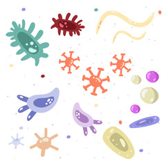 virus around concept.A set of bacteria, germs, viruses, germs. Disease-causing object isolated on background. Bacterial microorganisms, probiotic cells. Cartoon design.