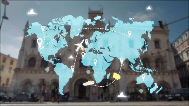 e-Logistics international delivery concept, World map with logistic network distribution on background, cargo ships delivery containers in port stock. background for Concept of fast or instant