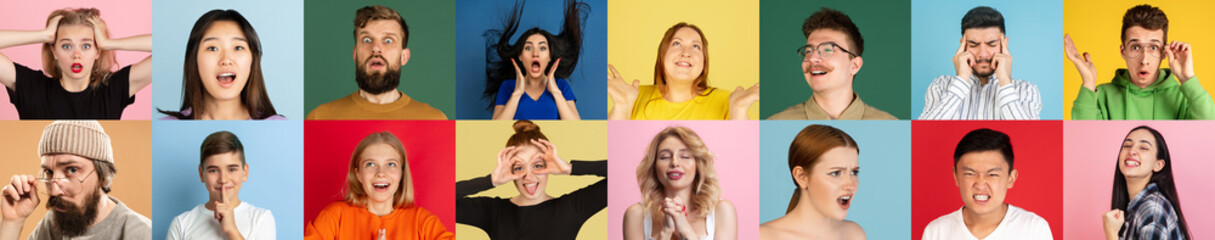 Portraits of different models on multicolored background.