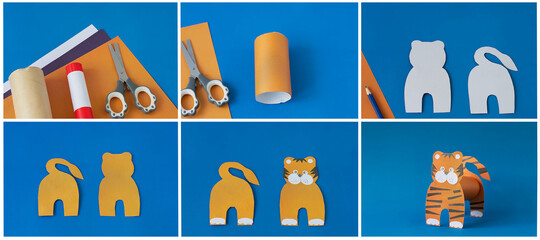How to make a tiger at home. Craft for New Year 2022. Step-by-step instructions. Collage. Take colored paper. A simple creative idea with your own hands. Children's art project with their own hands