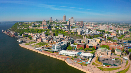 Fototapeta premium Aerial view of Quebec City skyline in summer from drone