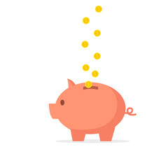 Coins falling into the piggy bank. Financial savings and accumulation of money. Flat style. Vector illustration