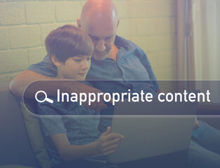 Child cares and Inappropriate content concept. A father give advice to a son how to use internet...