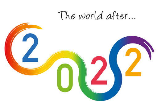 Carte de vœux au graphisme original pour présenter l’année 2022. Elle montre une succession de courbes aux couleurs de l’arc en ciel. 