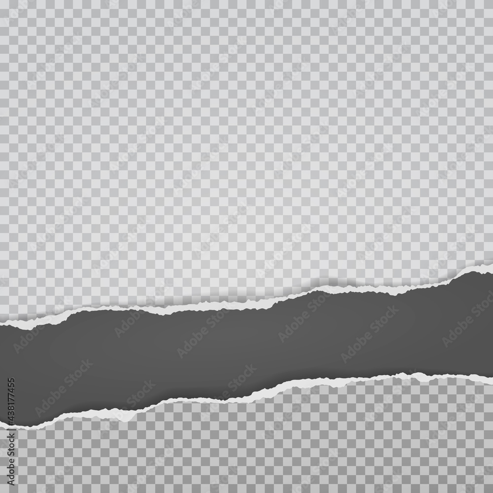 Poster torn, ripped dark grey paper strips with soft shadow are on squared background for text. vector illu