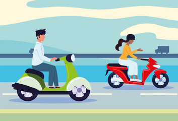 man and woman on motorbikes