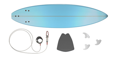 Parts of a surfboard lined up side by side - 3d Illustration