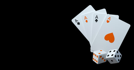 Modern White Black And Orange Four Aces And Dices Isolated On The Black Background. Empty Space For Logo Or Text - 3D Illustration