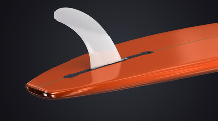 Tail of a red Long-board for surfing and a white fin - 3d illustration