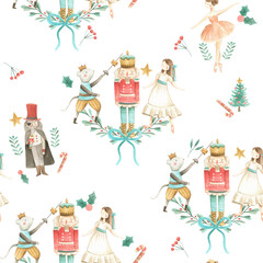 Fototapeta premium Nutcracker watercolor illustration Christmas seamless pattern 