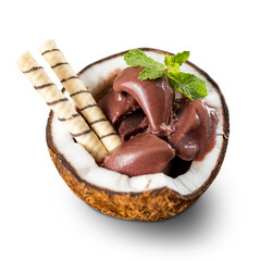 Brazilian Frozen Açai Berry on a coconut shell. Isolated on White Background