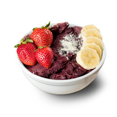 Brazilian Frozen Açai Berry with Strawberries, Bananas and powdered milk on a white round pot....