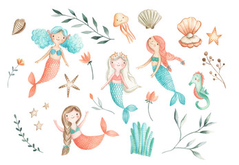 Mermaids watercolor children  illustration set 