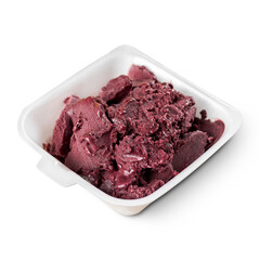Brazilian Frozen Açai Berry on a Styrofoam lunch box ready to go. Isolated on White Background