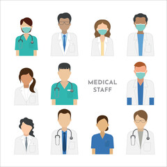 Fototapeta premium Group of medical staff in uniform, doctor and nurse icons.