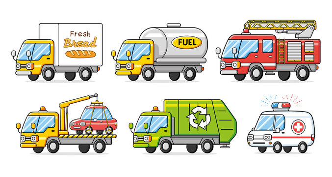Bakery delivery van truck, fuel tanker, fire engine, tow, garbage dustcart and emergency ambulance car isolated. Service transport cartoon icons vector set.