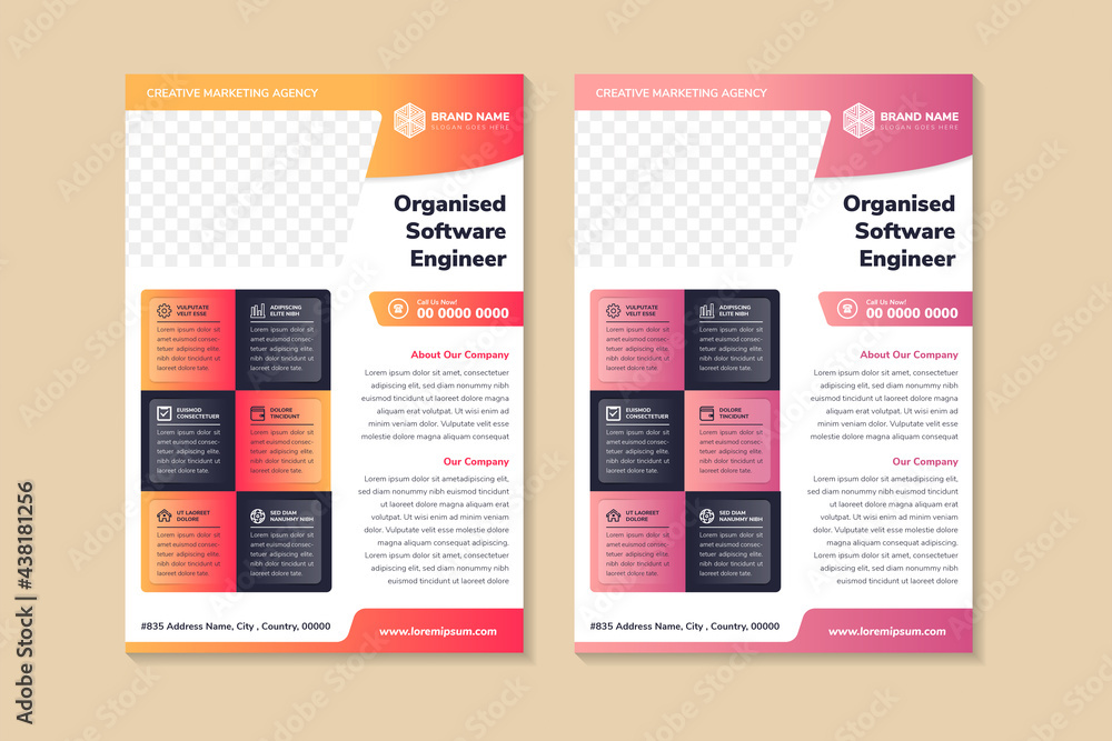 Poster set of organized software engineer flyer template design use vertical layout. yellow, red and pink g