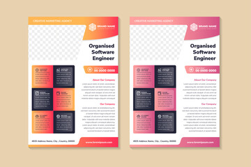 set of Organized software engineer flyer template design use vertical layout. yellow, red and pink gradient on elements. white background with space for photo collage. 