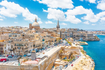 Aerial view of Lady of Mount Carmel church, St.Paul's Cathedral in Valletta embankment city center,...