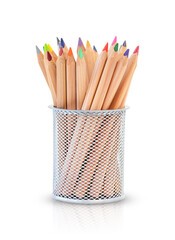 Back to school and education and business concept. A set of wooden colorful pencils in a holder isolated on a white background.	