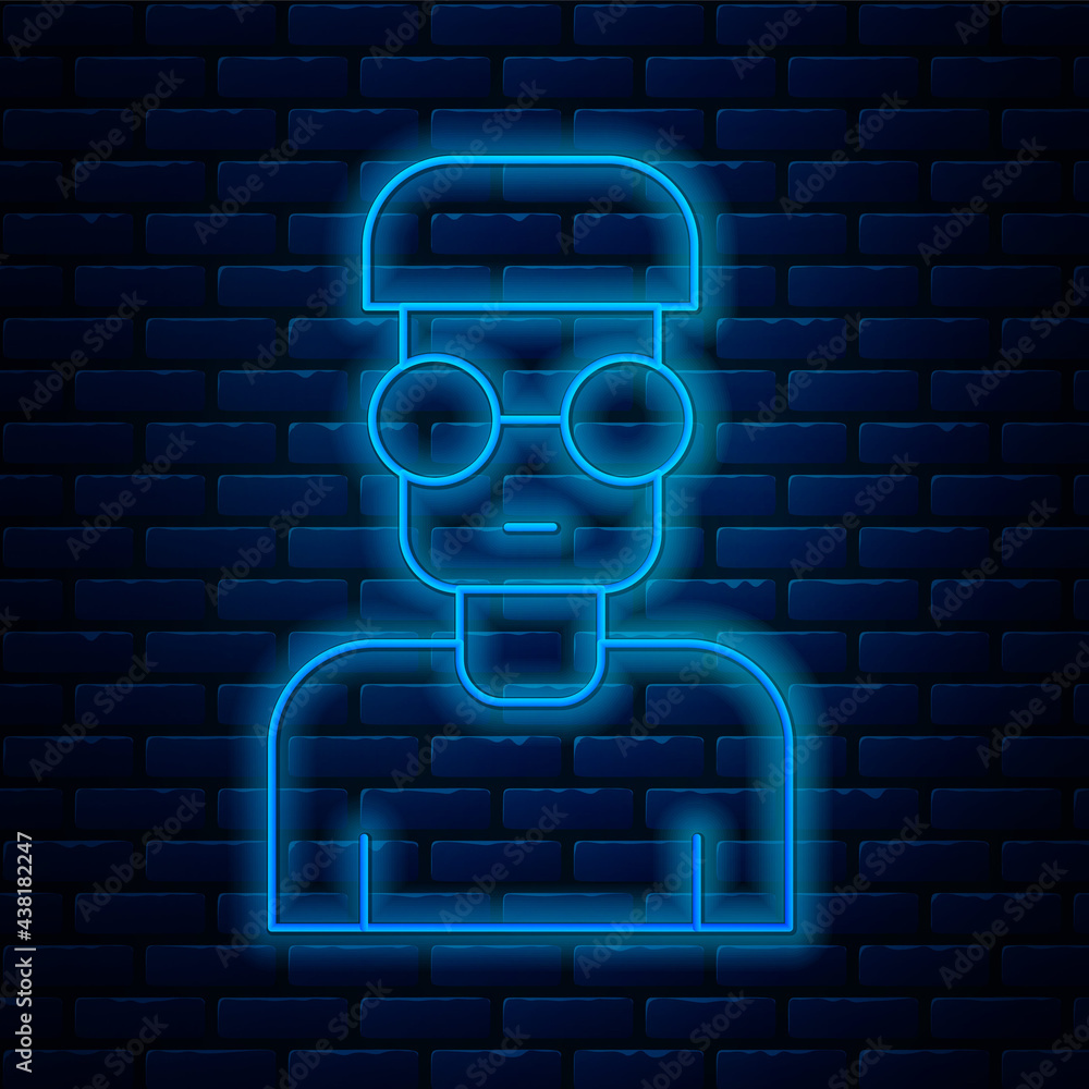 Poster glowing neon line nerd geek icon isolated on brick wall background. vector