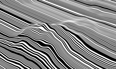 3D rendering. Black and white topographic mountain. Stripped terrain.