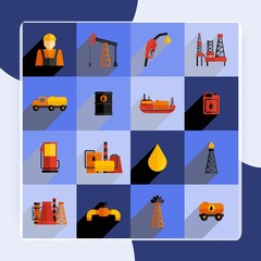 Oil industry gasoline petroleum processing icons flat set isolated vector illustration
