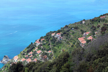 Fototapeta na wymiar Mare monti e boschi con il borgo marino di Schiara nel Parco delle Cinque Terre