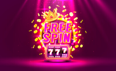 Casino free spin 777 label frame, golden banner, border winner, Vegas game. Vector - obrazy, fototapety, plakaty