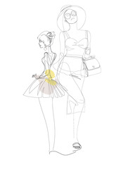 Abstract silhouette of a beautiful woman in hat in line art style,decorated with pattern and flowers. Hand drawn  vector illustration.