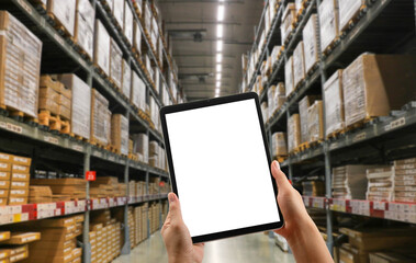 Smart warehouse management system using augmented reality technology to identify package picking and delivery . Future concept of supply chain and logistic business .