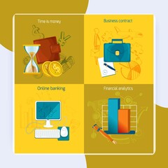 Business design concept set with contract time is money financial analytics online banking icons isolated vector illustration