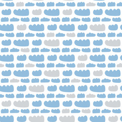 Vector seamless pattern with blue and grey clouds on white background. Hand drawn doodle illustration.