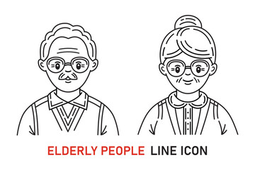 Elderly people, grandparent icon set. Old man and woman face. Grandfather and grandmother couple in glasses. Pensioners citizens. Aged wife and husband. Retired family line signs. Isolated vector