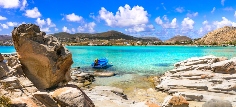 Ultra-Wide 11K Panorama of Kolymbithres Beach in Paros &mdash; Unique Geological Granite Rock Formations and Crystal Turquoise Water, Naoussa Bay Cyclades Greece