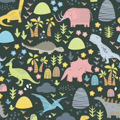 Childish seamless pattern with hand drawn dino in scandinavian style.