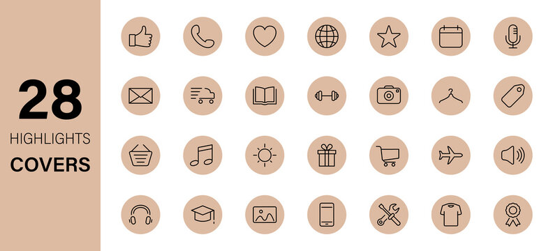 Instagram Highlights Line Icon Set. Stories Covers Icons. Highlights for Lifestyle, Travel and Beauty Bloggers, Photographers and Designers. Outline Pictogram for Social Media. Vector Illustration
