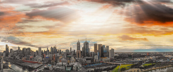 Obraz premium Melbourne, Australia. Sunset aerial panorama of city skyline