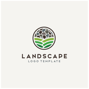 Green Grass Farm Field with Natural Rock Stone Wall for Nature Rural Landscape logo design