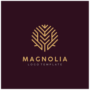Golden Initial Letter M Floral, Magnolia Foliage Flower Plant Tree luxury beauty elegant logo design