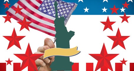 Fototapeta premium Red stars and yellow banner with copy space against statue of liberty and hand holding american flag