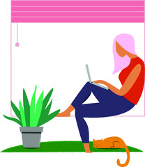 the girl at the computer on the windowsill