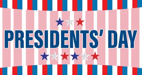 Obraz premium Stars and happy president day text over pink banner against blue and red stripes on white background