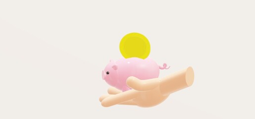 3D cartoon hand with golden coin and piggy bank for business investment, finance strategy and money management concept on white background. 3d business render illustration