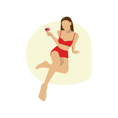 portrait of a beautiful young lady lying on a beach with glass of wine. illustration with tan girl in red bikini swimwear 