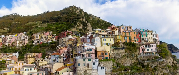 Fototapeta premium Manarola skyline from the air, Five Lands. Cinqueterre